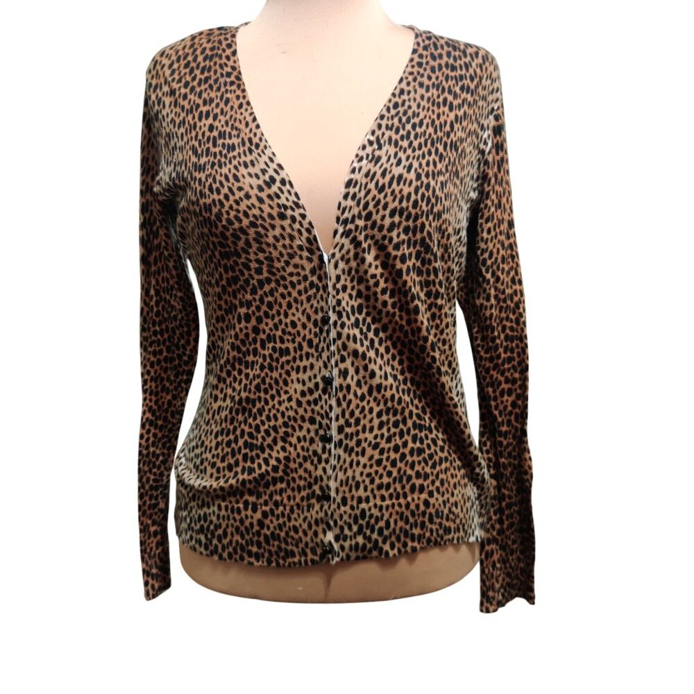 New York Company L Leopard Print Button Front V Neck Long Sleeve Cotton Cardigan